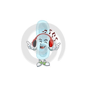 Cartoon drawing design of klebsiella pneumoniae listening to the music with headset