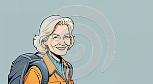 Cartoon drawing of elderly woman with electric blue backpack, smiling happily