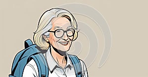 Cartoon drawing of elderly woman with glasses and backpack smiling