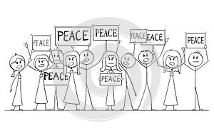 Cartoon Drawing of Group of People Demonstrating With Peace Text on Signs