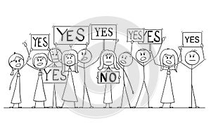 Cartoon Drawing of Group of People Protesting With Yes Signs, One Woman Say No