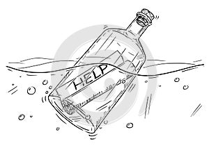 Cartoon Drawing of Help Message in Bottle Floating in Ocean