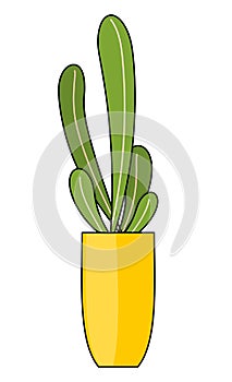 Cartoon drawing icon of houseplant in yellow ceramic pot isolated at white, indoor plant, decor