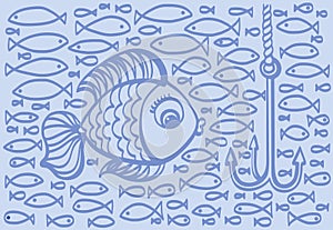 Cartoon drawing illustration of big fish with small fishes