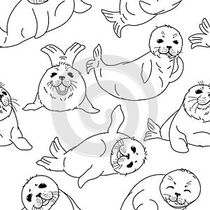 Cartoon drawing kawaii fur seals, baby nerpas seamless pattern, black silhouettes on white background, cute animals, editable