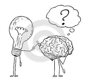 Cartoon Drawing of Lightbulb Characters Taping on Back of Thinking Brain