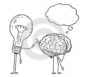 Cartoon Drawing of Lightbulb Characters Taping on Back of Thinking Brain