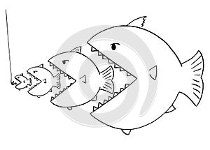 Cartoon Drawing of Line of Bigger Fish Eating Smaller Fish photo
