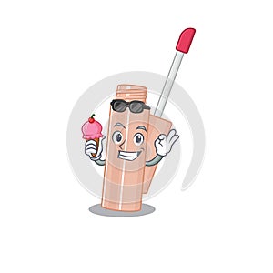 A cartoon drawing of lip tint holding cone ice cream
