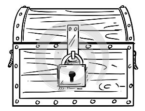 Cartoon Drawing of Locked Antique Wooden treasure Chest Box