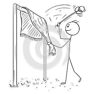 Cartoon Drawing of Man Beating Rug or Carpet with Beater or Whip
