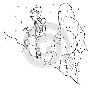Cartoon Drawing of Mountaineer or Alpinist Walking Through Snow Followed By Yeti photo