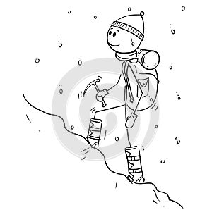 Cartoon Drawing of Mountaineer or Alpinist Walking Through Snow photo
