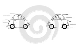 Cartoon Drawing od Two Cars Driving Against Each Other Just Moments Before Head-on Collision Crash Accident