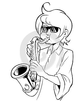 Cartoon drawing of saxophonist in sunglasses