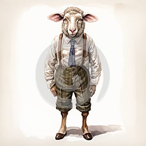 Vintage Watercolored Sheep With Suspenders And Tie - Realistic Fantasy Artwork photo