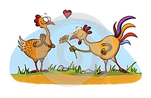 Cartoon drawing of two chicken in love