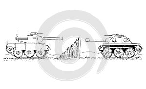 Cartoon Drawing of Two Enemy Tanks Defending on Border Line