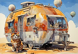 Cartoon Drawing Of A Two-Tone Airstream RV With A Cat