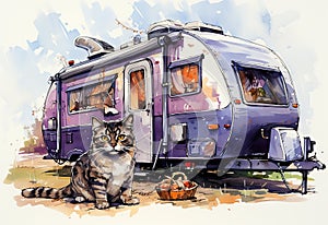 Cartoon Drawing Of A Violet And Amber Airstream RV With A Furry Friend