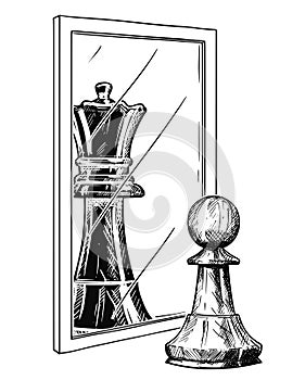 Cartoon Drawing of White Chess Pawn Reflecting in Mirror as Black King, Confidence Metaphor