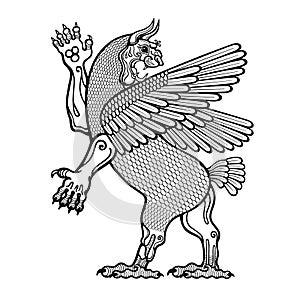 Cartoon drawing: winged dragon lion, a character in Assyrian mythology. Thiamat.