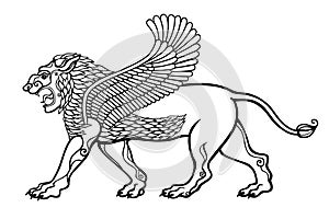 Cartoon drawing: winged  lion, a character in Assyrian mythology.