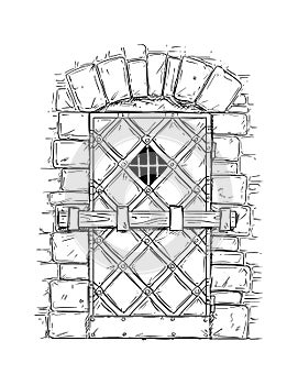 Cartoon Drawing of Wooden Medieval Door Closed by Latch