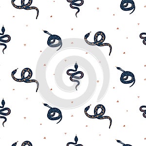 Cartoon drawn blue snakes vector seamless pattern.
