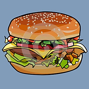 Cartoon drawn cheeseburger, sandwich with cheese and meat and vegetables