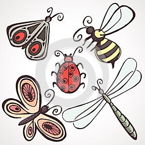 Cartoon drawn set insects. Vector illustration. Children decor