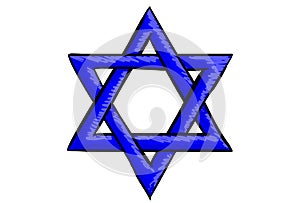 Cartoon drawn star of david symbol isolated on white background. Blue Judaism icon