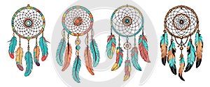 Cartoon dream catcher set. Boho style catchers with feathers and beads. Isolated sketch decorative elements, vector