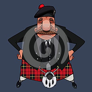 Cartoon dressed up scottish mustachioed highlander in kilt stands akimbo