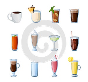 Cartoon drinks. Hot and cold beverages. Alcohol cocktails. Coffee or tea. Isolated glasses for lemonade. Milkshake and smoothie