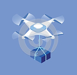 Cartoon drone with package box vector graphic illustration. Delivery service modern electronic device isolated. Flying