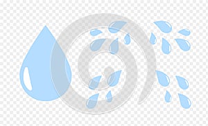 Cartoon drops. Water teardrop, aqua splashing to sides. Liquid drips and flat eye tear effect on transparent background