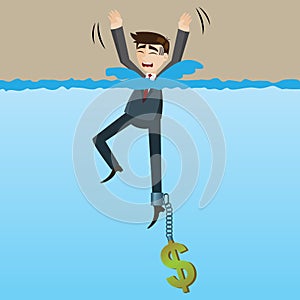 Cartoon drowning businessman with money chain on his leg