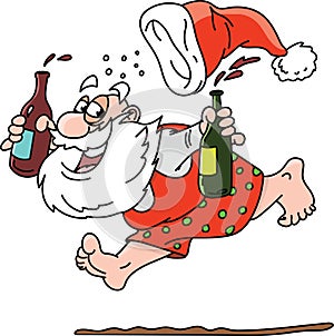 Cartoon drunk Santa Claus running without clothes vector photo
