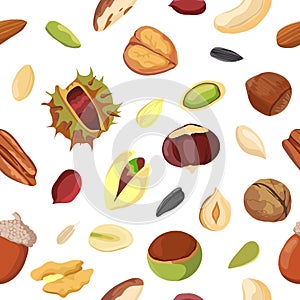 Cartoon dry nut and seed mix seamless pattern. Print with peanut, walnut, hazelnut, pecan and pistachio. Organic vegan