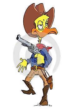 Cartoon duck cowboy with a gun belt and cowboy hat