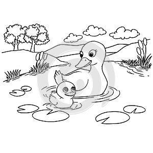 Cartoon duck lake coloring page vector