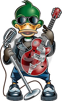 Cartoon duck in rockabilly style holding guitar and microphone