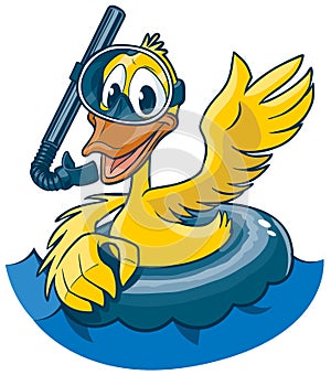 Cartoon Duck with Snorkel Mask and Inner Tube