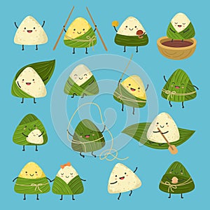 Cartoon dumplings. Dragon boat festival, cute rice dumpling stickers. Comic asian summer food zongzi, adorable chinese