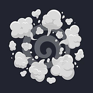 Cartoon dust cloud. Comic dust cloud explosion, steam, smoke cloud explode. Cloud action element isolated vector