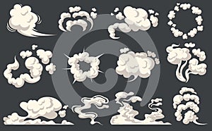 Cartoon dust clouds. Comic cloud shape, spray air smoke, fog road, explosion bomb, car gas, puff magic effect, steam