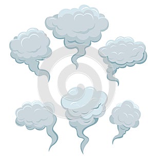 Cartoon dust clouds Set. Comic cloud shape, spray air smoke, fog road, explosion bomb, car gas, puff magic effect, steam