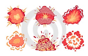 Cartoon dynamite bomb explosions. Danger bomb detonation fire burning clouds. Fire and comic smoke clouds vector illustrations set