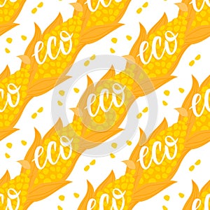 Cartoon ear of corn seamless pattern. Vector ilustration isolated on white background.